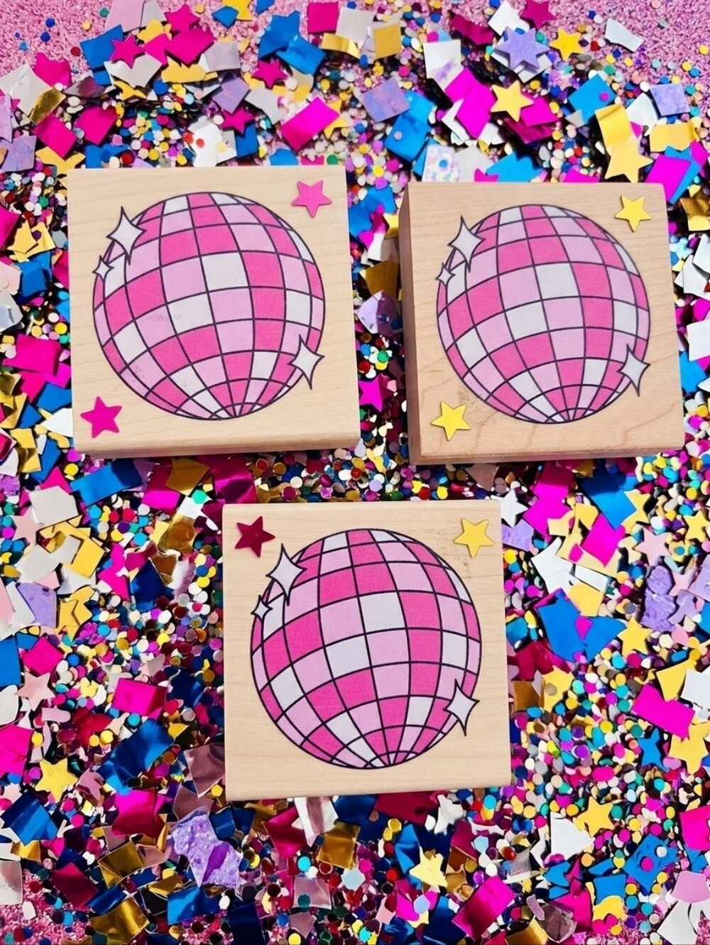 Pink & White  Disco Ball Wooden Stamp Bubdle Of 2 NWOT